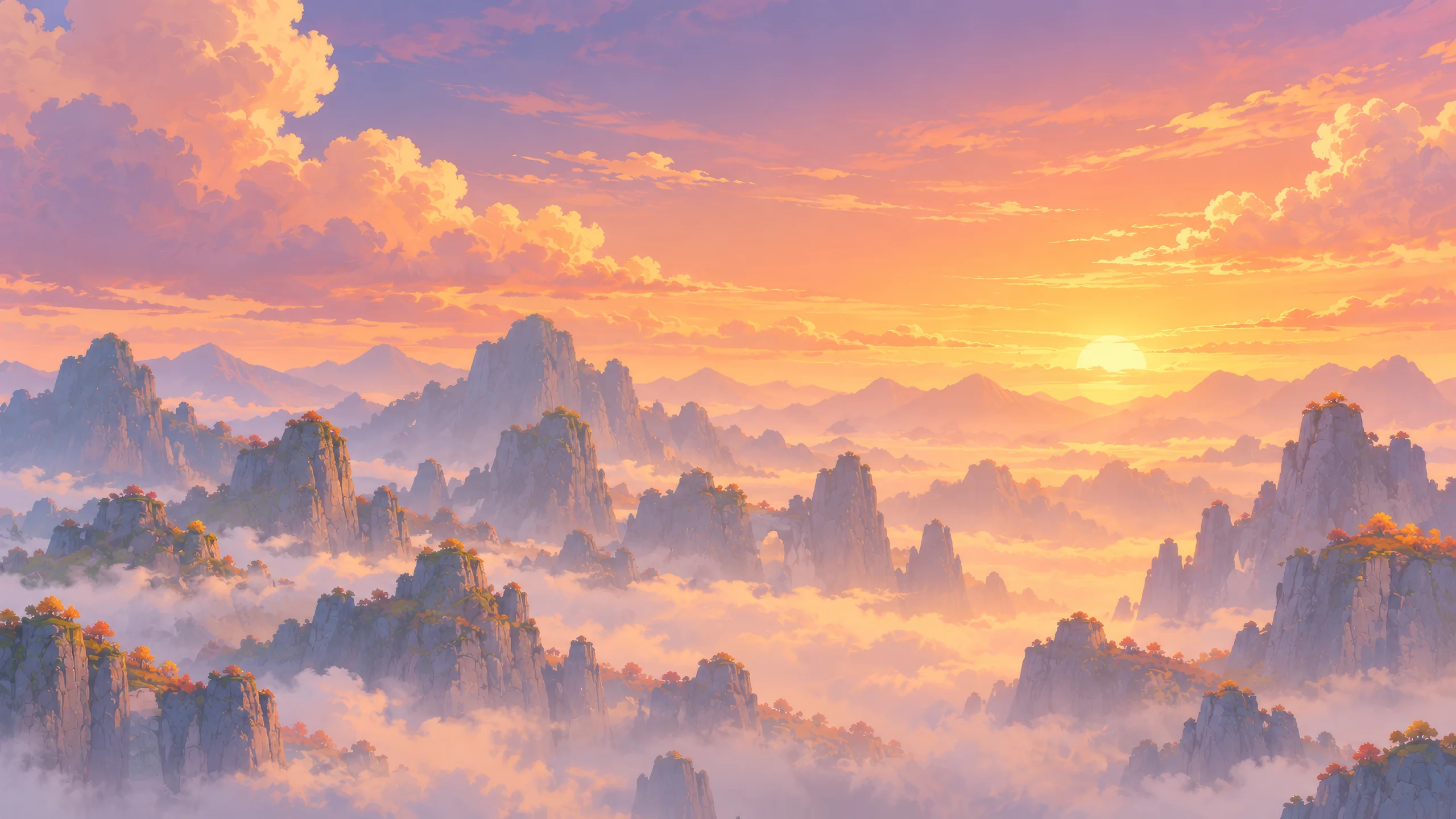 A sea of towering karst mountains and clouds beneath a luminous amber sunset